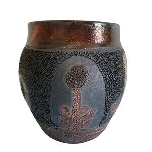 Raku Pottery Vase Lizard And Cactus Flower Design Signed By  Artist Gecko